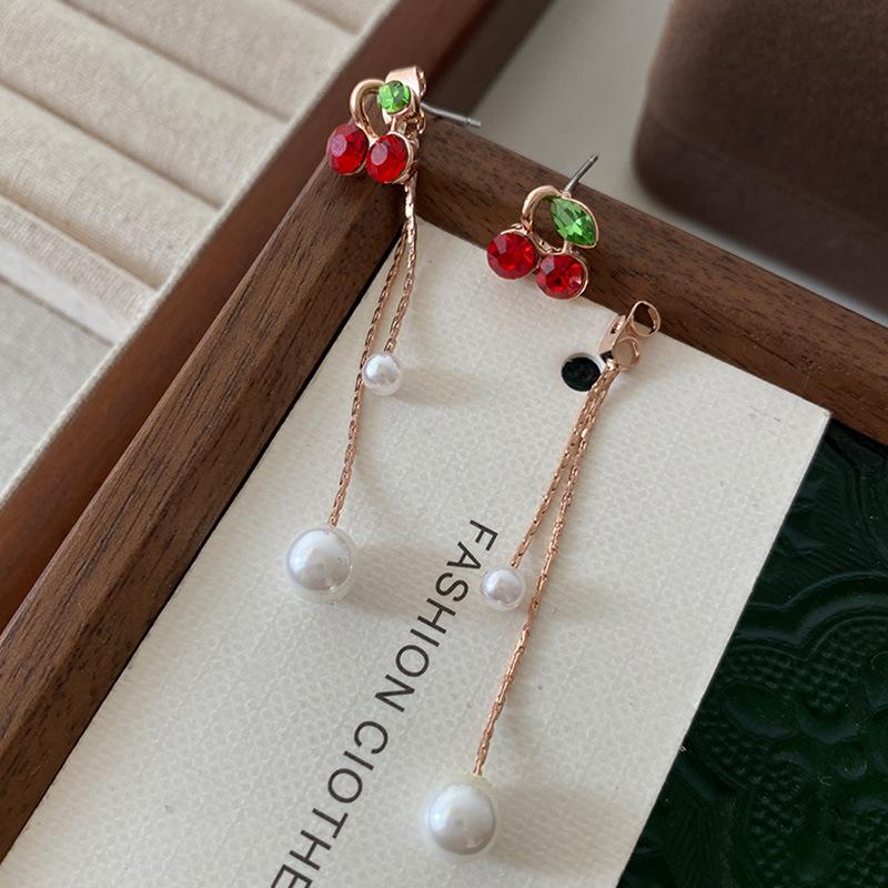 Little Red Cherry Earrings, Fresh and Sweet Temperament, Long Fringed Pearl Earrings, Women's Chinese New Year Festive Earrings.