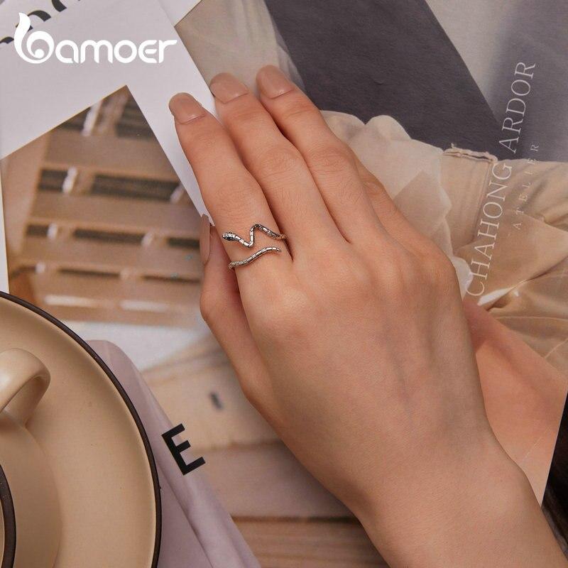 BAMOER 925 Sterling Silver Green Zircon Snake Opening Ring Irregular Adjustable Ring for Women Original Design Jewelry