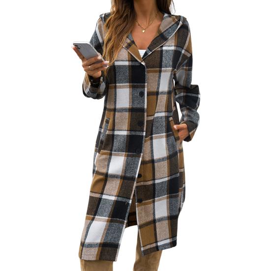 Women Spring Fall Coat with Hood Plaid Printing Loose Mid Length Long