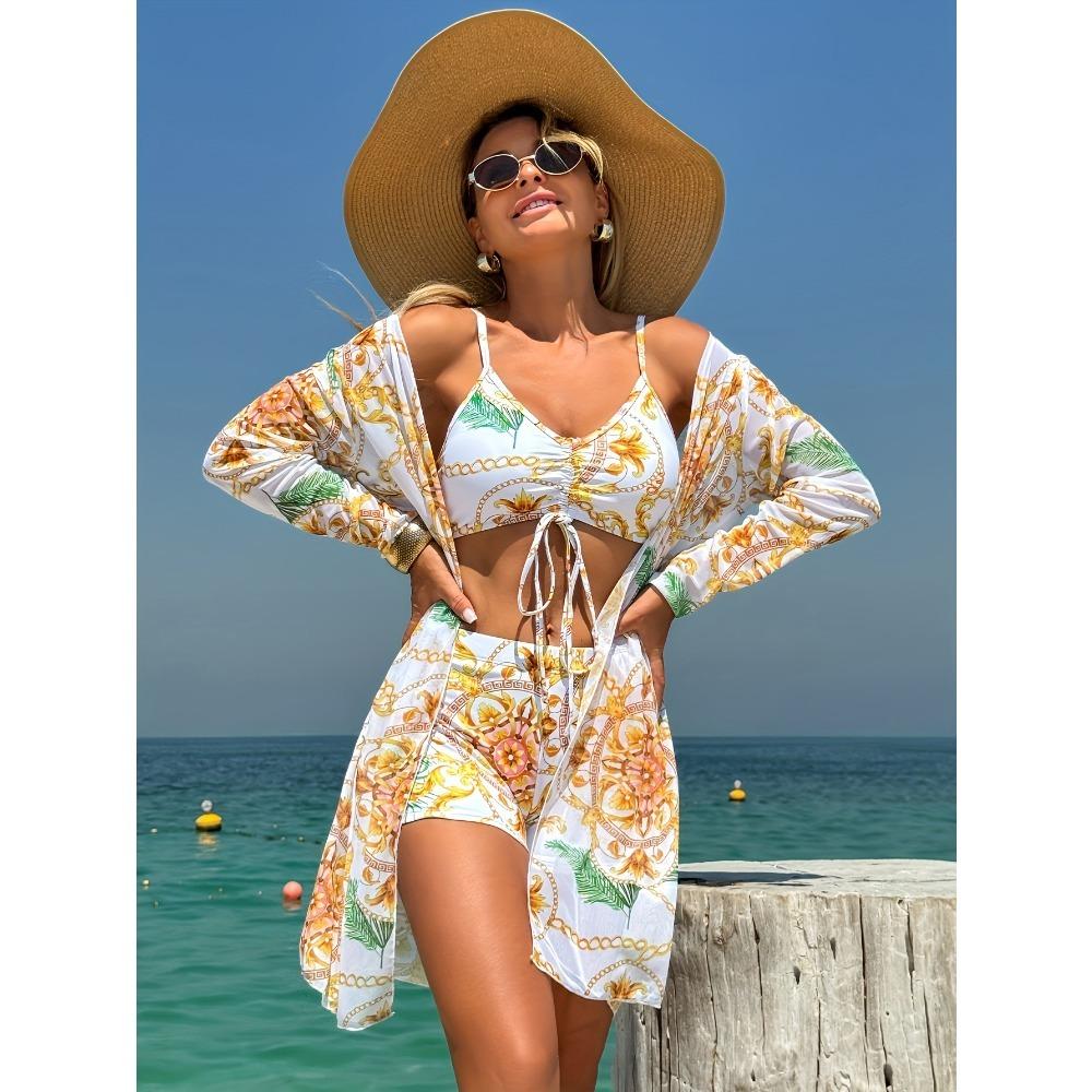 Женский трехсекционный комплект бикини с шортами-бойфрендами, модный купальник с бантом и пляжным парео