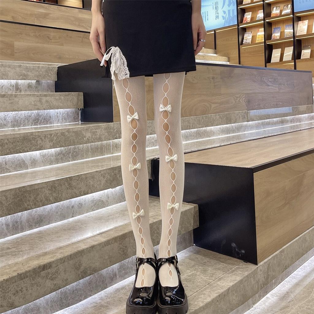 New Lace Tights Fishnet Silk Stockings Women Kawaii Bowknot Hollow Out Pantyhose Tide Japanese Girl Sex Thin Pantyhose