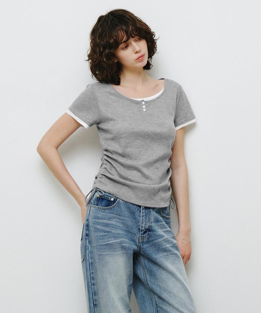 MONGDOL Henley Neck Layered Short Sleeve T-Shirt Gray Mdts097Gray