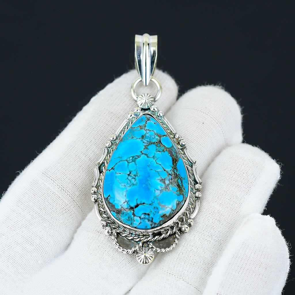 Подвеска из тибетской бирюзы, украшения из натуральной бирюзы, ювелирные изделия из стерлингового серебра 925 пробы, ювелирная подвеска ручной работы в стиле бохо, подвеска унисекс для подарка