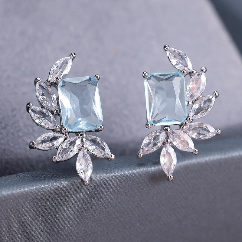 Exquisite Leaf Zircon Square Earrings for Women Silver Color Wedding Banquet Earrings Charm Jewelry Gifts
