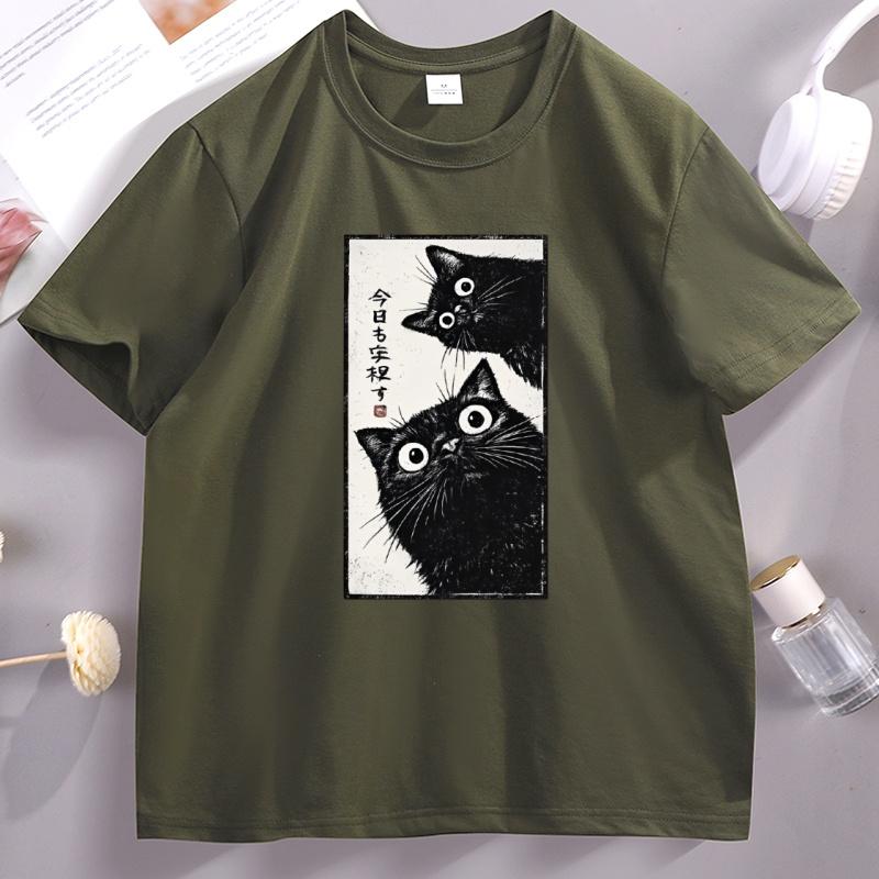 Japanese Cat Graphic TShirts Vintage Tokyo Aesthetic Black Cat Tee Kawaii Streetwear Casual Cotton Short Sleeve Round