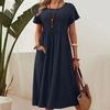 Women's Plus Size Summer Cotton Linen Dress Round Neck Short Sleeve Solid Color Pleated Pocket S-5XL