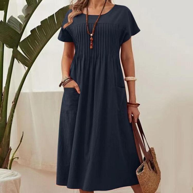 Women's Plus Size Summer Cotton Linen Dress Round Neck Short Sleeve Solid Color Pleated Pocket S-5XL
