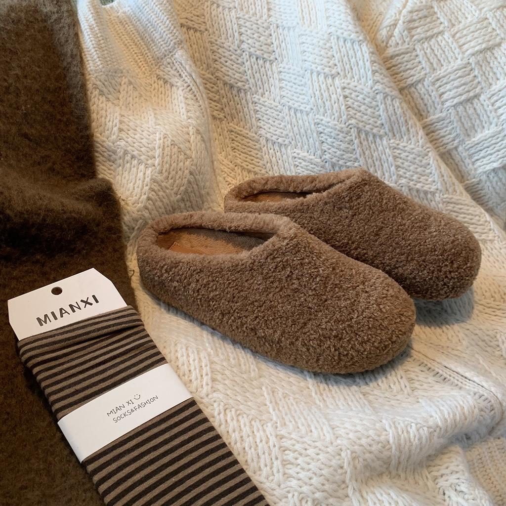 Plush and Fluffy Half Slippers Women's Outer Wear 2025 Autumn and Winter New Thick-soled Bag Head and One Pedal Thermal Cotton Shoes Single Shoes