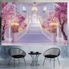 An elegant pink floral wedding background with stone paths and princess castle - suitable for party and wedding decoration