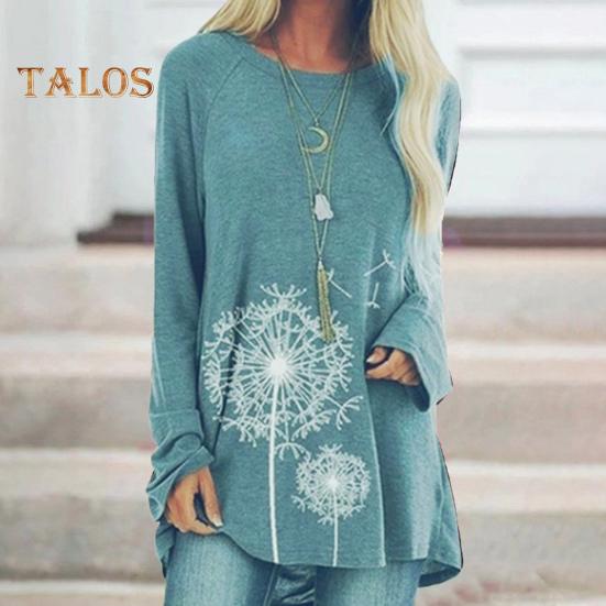 Женская туника больших размеров с принтом одуванчика, удлиненная рубашка с круглым вырезом и длинными рукавами, футболка-пуловер свободного кроя для работы, повседневной жизни