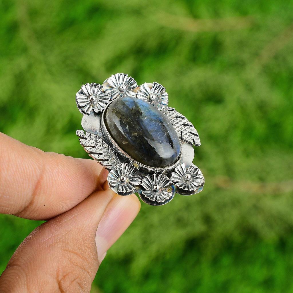 Natural Labradorite Stackable Flower Adjustable Ring 925 Silver For Women