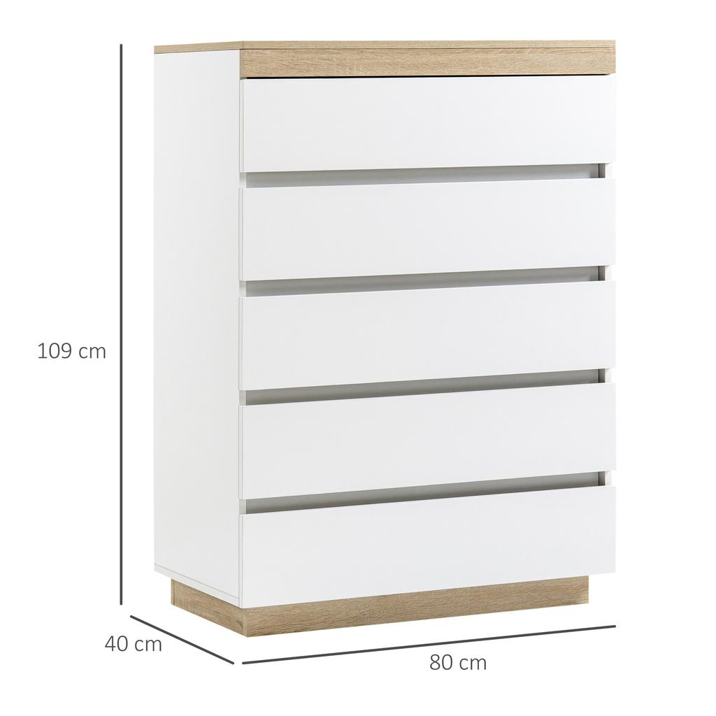 Chest of 5 Drawers Minimal in Wood, 80x40x109 cm, White and Oak Color