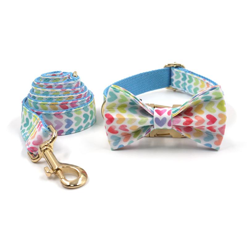 Good Quality Dog Harness Pet Collar and Leash Set Bow Tie Cute Design Colorful Heart Printing with Metal Buckles