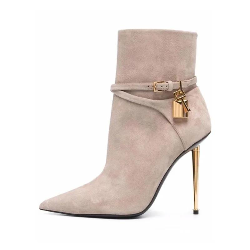 Fashion Women Sexy Metal Lock Decorate Ankle Boots Autumn Winter New Gold High Heel Pointed Belt Buckle Fashion Long Boots Size 34-43