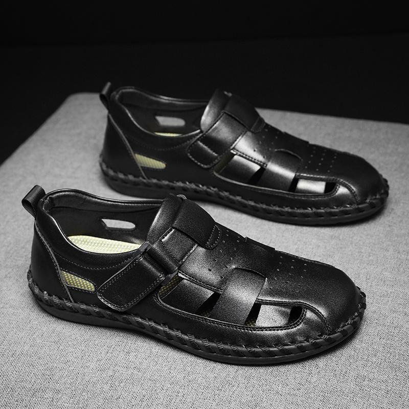 Модные летние сандалии ручной работы из натуральной кожи, мужская повседневная обувь, уличные нескользящие сандалии, полая мужская пляжная обувь, римские сандалии