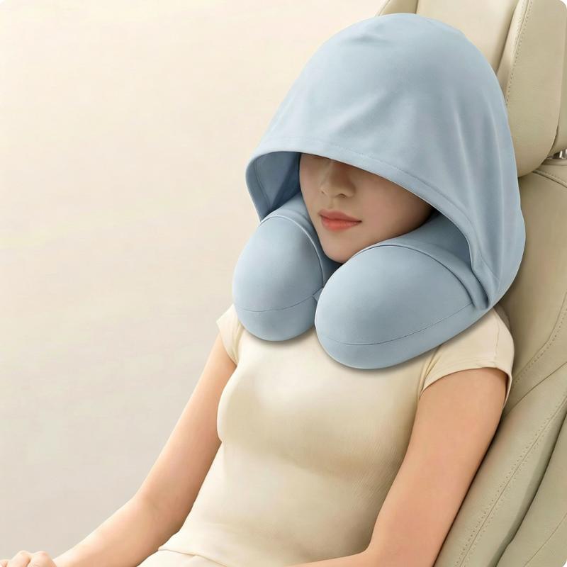 Hooded Ice Silk U-shaped Neck Pillow, Portable Travel Neck Support Pillow for Car Airplane Summer Sleeping