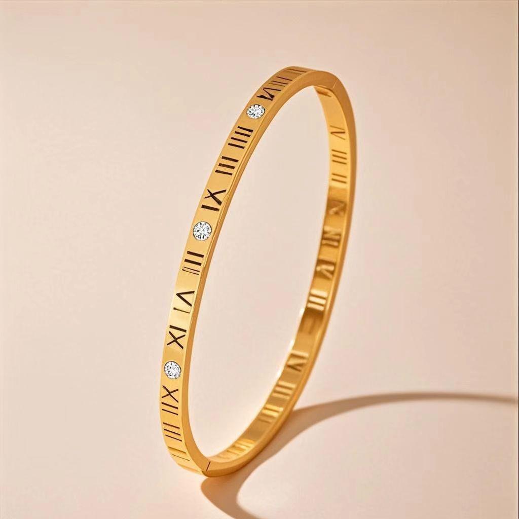 Elegant Roman Numeral Intertwined Titanium Steel Bracelet for Women - Diamond Inlaid, Double Layer, Colorfast Jewelry
