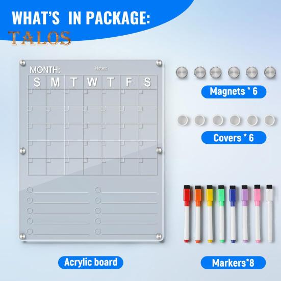 Acrylic Fridge Calendar Clear Monthly Planner White Board for Refrigerator Dry Erase Board Calendar with 8 Markers for Businees Meetings Grocery List