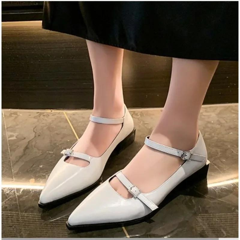 Модные туфли Мэри Джейн с острым носком для женщин Модные туфли на среднем каблуке для банкета Весенние женские туфли-лодочки из кожи Элегантный парит