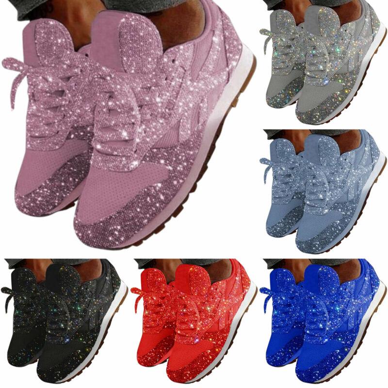 Женские кроссовки с блестками и блестками Sparkle Trainer Sports Jogger Running Lace Up Shoes