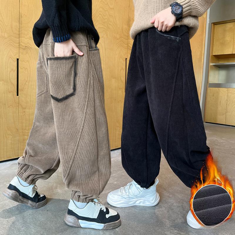 Флисовые штаны для мальчиков, осенне-зимние детские толстые вельветовые теплые спортивные штаны