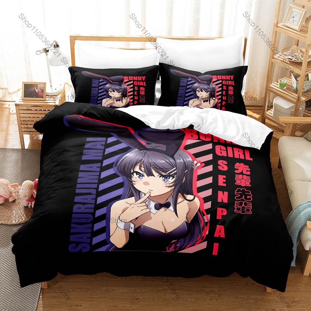 Sakurajima Mai Bedding Set 3Pcs Black Hair Anime Girl Pattern Soft Microfiber For Otaku Fans All Season Bedding