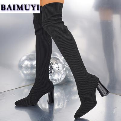 Вязаные женские сапоги-носки выше колена с острым носком на высоком каблуке 2025 года, сексуальные массивные дизайнерские сапоги-лодочки Chelsea Snow