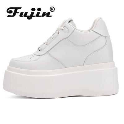 Ботильоны Fujin из натуральной кожи на толстой подошве 8 см, 10 см, 12 см, 14 см, осень-весна, модная вулканизированная обувь на скрытом каблуке со шнуровкой