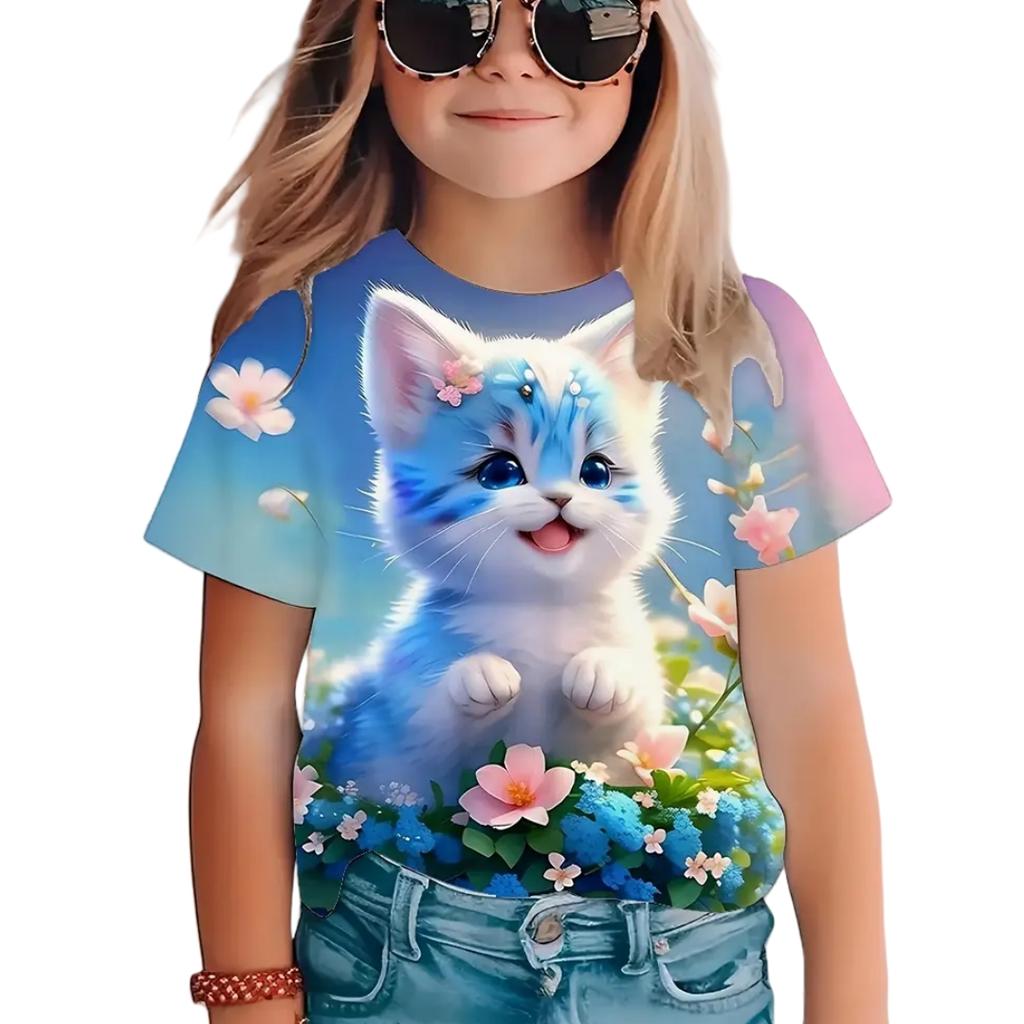 Каваи Футболки с Котиками для Детей Топы Девочка Футболка с Коротким Рукавом Летняя Одежда для Девочек Одежда с Круглым Вырезом Уличная Футболка для Мальчика