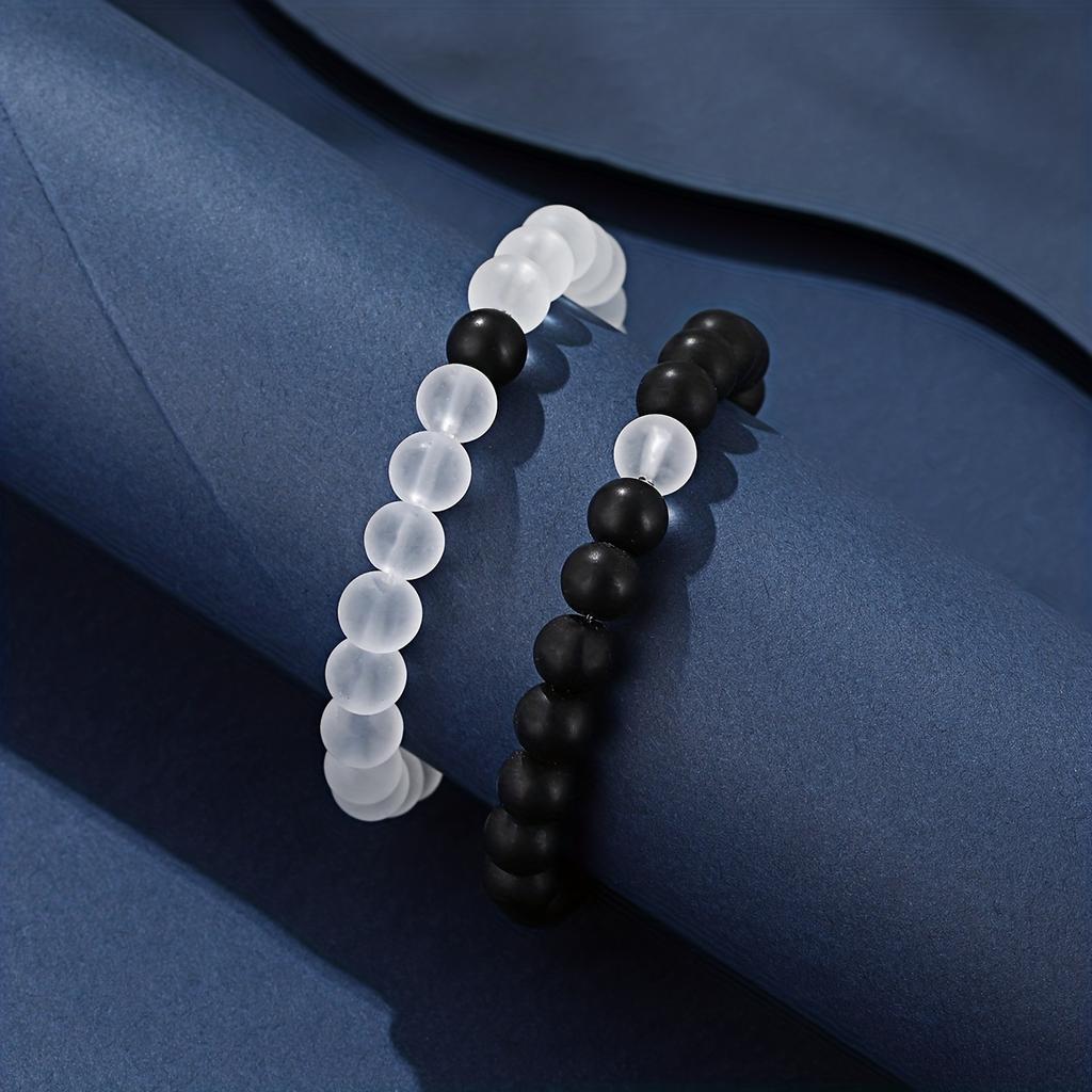 2pcs Beaded Bracelet, Boyfriend Gift Dating Gift Black and White Round Bead Bracelet