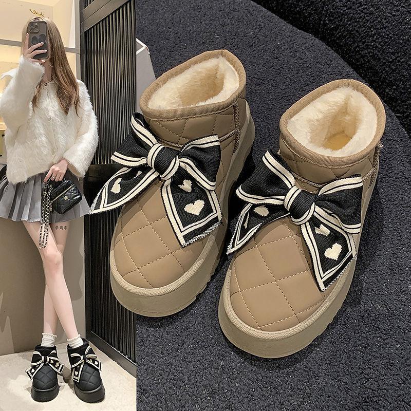 Сапоги Bow Snow Boots женские зимние бархатные утолщенные хлопковые сапоги теплые хлопковые туфли модные увеличивающие рост толстые подошвы симпатичные нескользящие сапоги