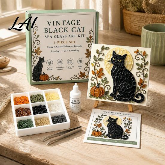 Thoughtful Gift for Relatives Halloween Sea Glass Art DIY Kit Ghost Black Cat Owl Raven Pumpkin Customizable Handmade Decor Mosaic Craft Set,