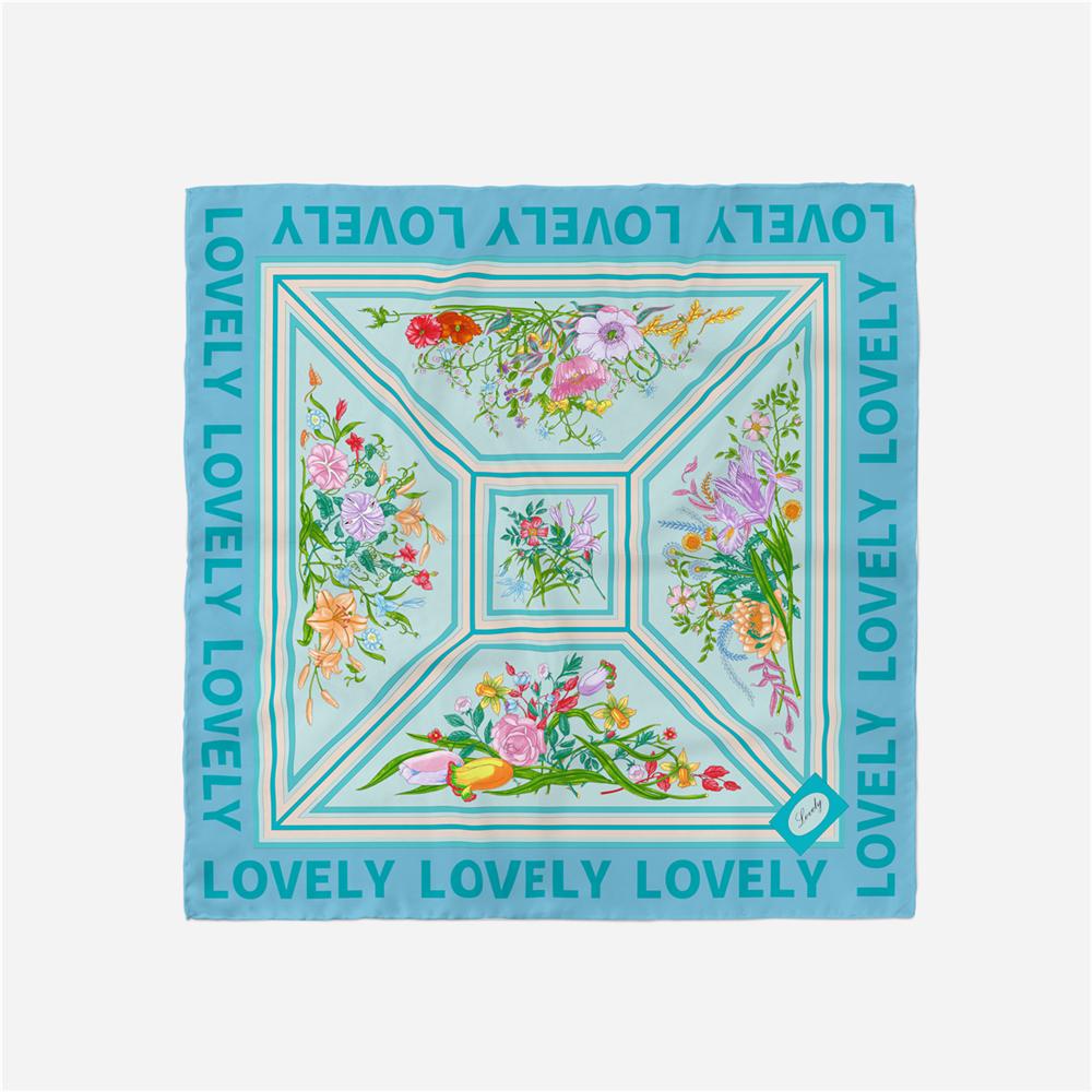 Twill Silk Scarf Woman Floral Painting Square Scarves Wraps Bandana Small Hijab Silk Foulards Tie Headband Neckerchief 53CM