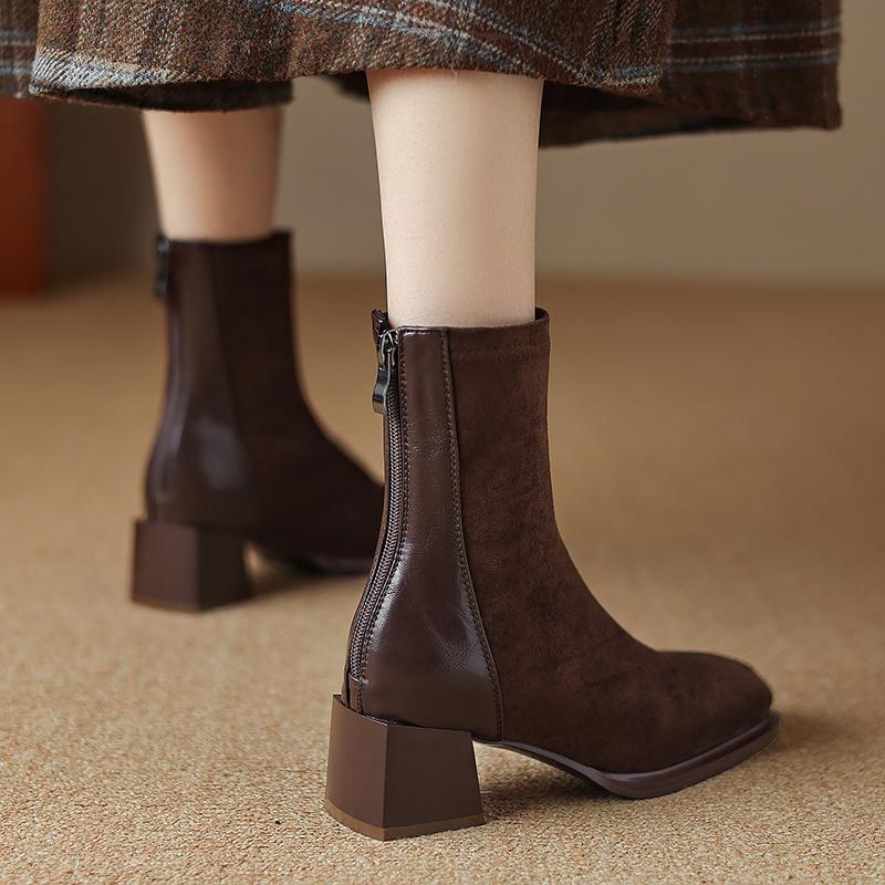 Krazing Pot Осенне-зимняя обувь из флока Ботинки Челси с квадратным носком, сохраняющие тепло, на молнии, эластичные ботильоны