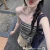 American-style hot girl outfit, striped tie-up sexy strapless top for women, summer floor-length wide-leg pants, casual pants two-piece set