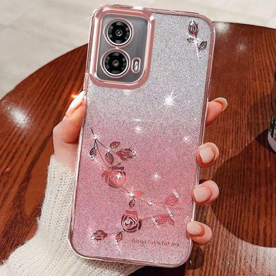 Чехол для телефона Motorola Edge 50 Fusion 5G, розовый цветок, прозрачный противоударный защитный чехол с роскошным бриллиантовым блеском