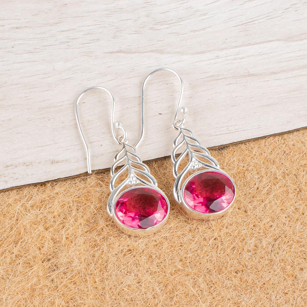 Pink Tourmaline Gemstone 925 Sterling Silver Jewelry Drop/Dangle Earrings 1.64" CE-1-18