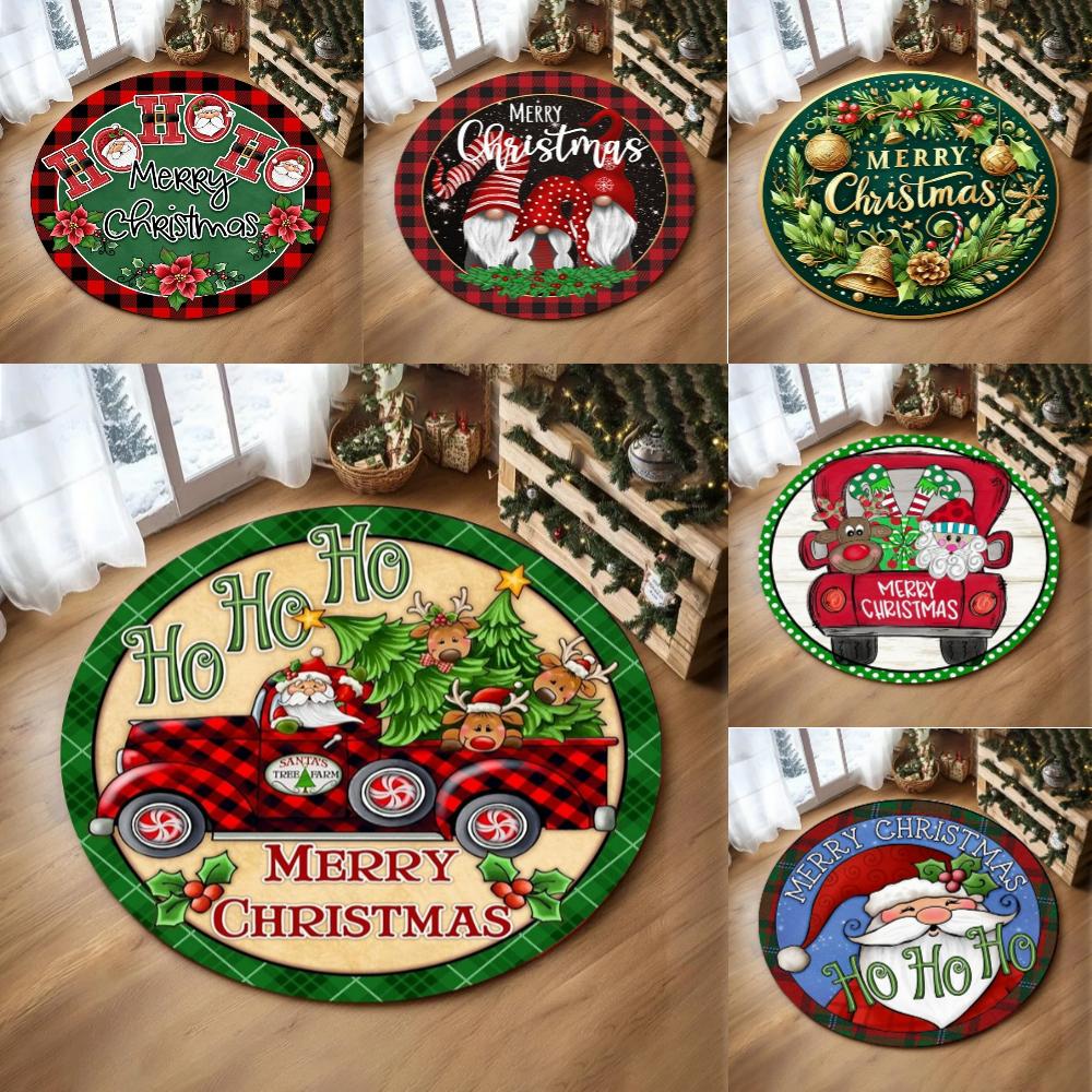 Christmas Ornaments Round Rug Merry Christmas Santa Rudolph Riding Home Mat Living Room Decor Sofa Rug Festival Event Carpet