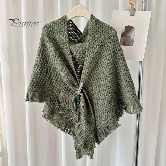 Осенне-зимняя вязаная шаль с кисточками, однотонный треугольный шарф с пуговицами, утолщенная теплая трикотажная накидка
