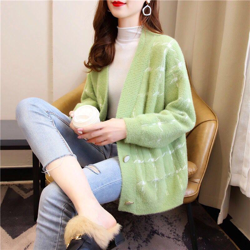Women's Imitation Mink Cardigan Jacket Autumn and Winter Loose V-neck Button Bottoming Shirt Top for Women