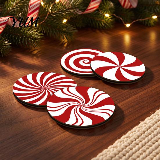 Heat Resistant Kitchen Counter Mat 4Pcs Red White Spiral Wooden Coasters, Round Peppermint Candy Drink Decorative Shape Coaster Heat?Resistant