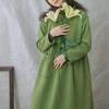 Women Green Vintage Dresses Long Sleeve Pockets Winter Warm Thick Robes High Waist Dress