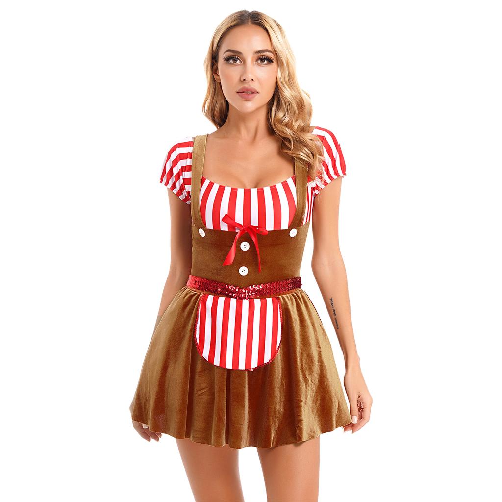 Womens Gingerbread Costume Oktoberfest Outfits German Bavarian Dress Dirndl Dress Halloween Fancy Dress Theme Party Dress Up