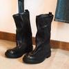 Leather Vintage Black Round Head Folded Medium Boots Children's Pile Boots British Knight Boots Short Boots