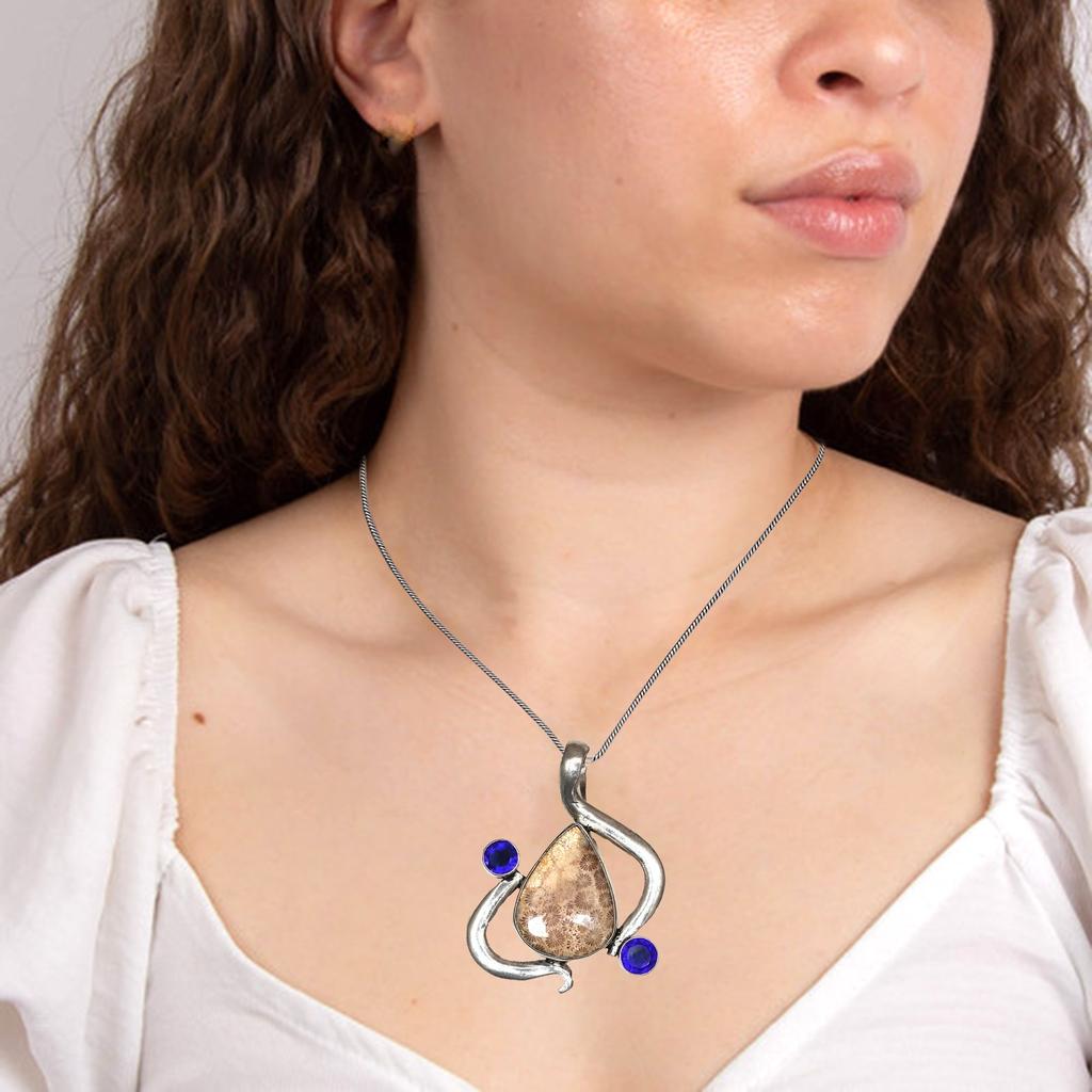 Fossil Coral Tanzite Gemstone Mother's Day Silver Jewelry Pendant  1.75"