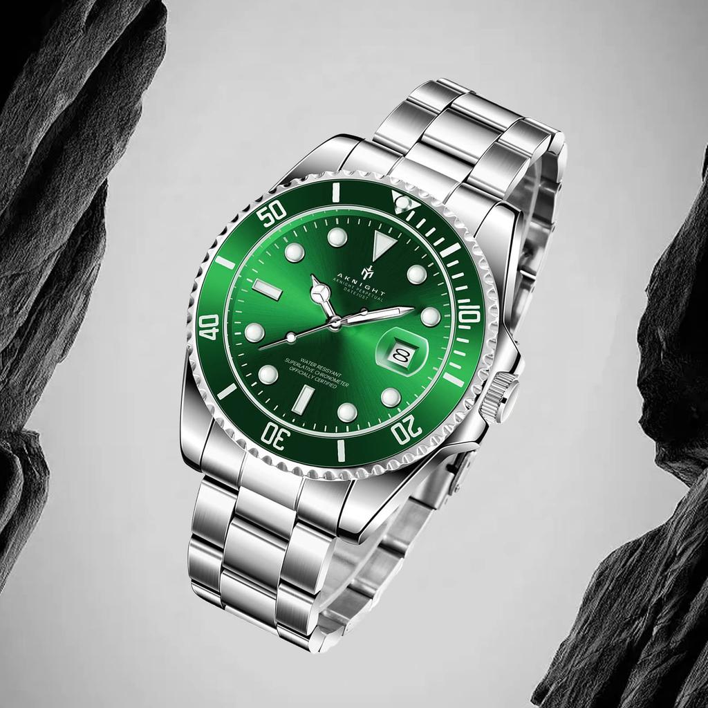 AKNIGHT Analog Watch with Unidirectional Rotating Stylish Crystal Luminous Stainless Steel 30m Water Luminous Date Japanese Instruction Manual Men's