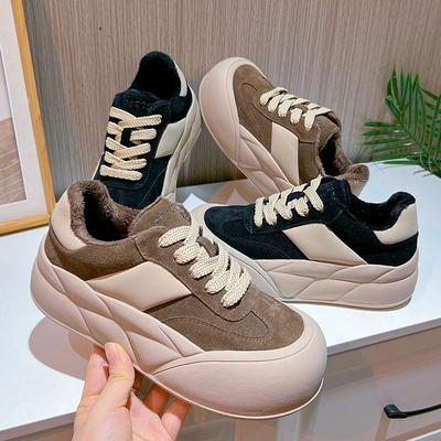 Кожаные маленькие белые туфли женские зимние новые туфли-буханки с большой головой женские на плоской подошве бархатные повседневные туфли женские универсальные женские туфли