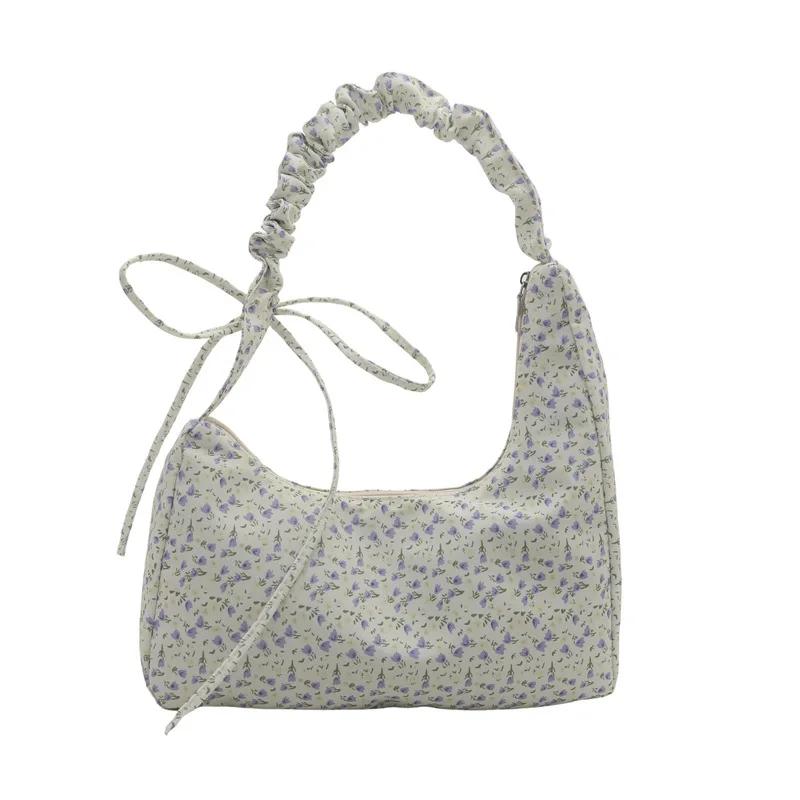 Fresh Canvas Armpit with Pleated Arch Literary Girl Broken Flower Portable Shoulder Bag New
