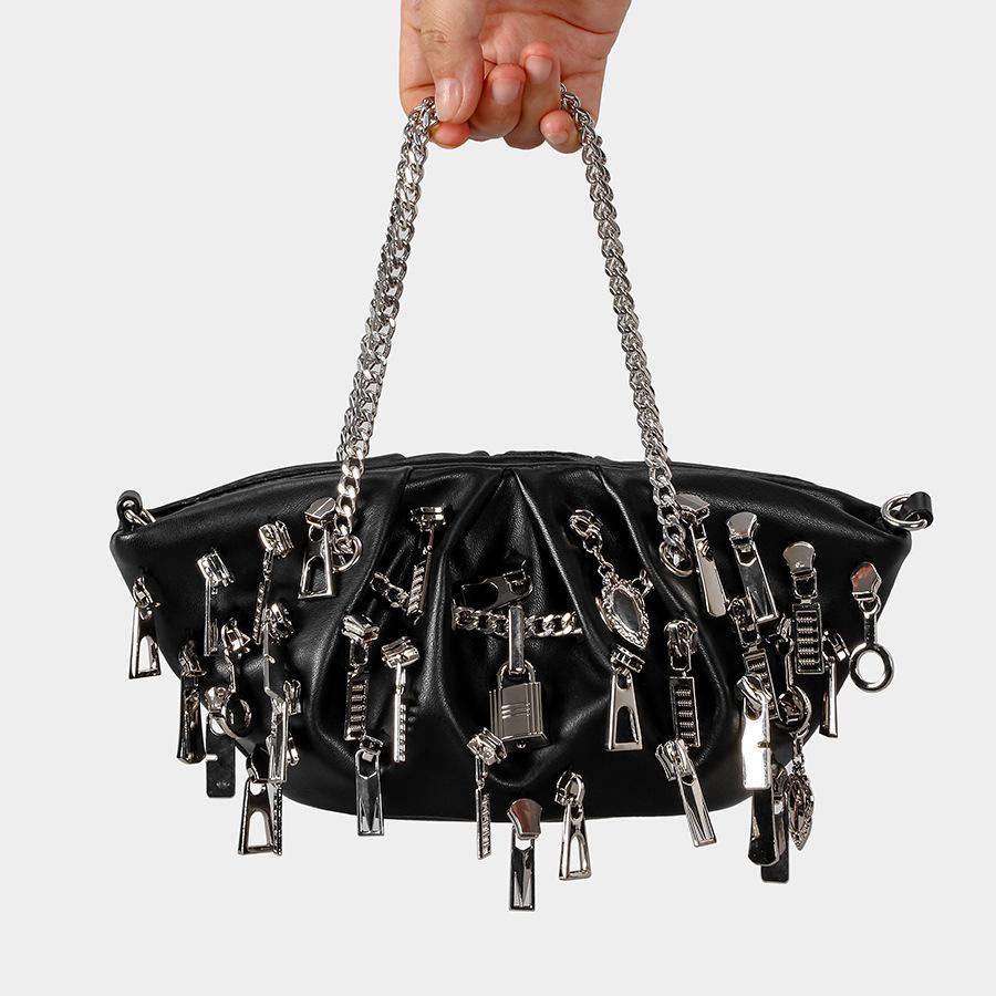 Punk Pleated Dumplings Underarm Bag Multi-zipper Head Decorative Ladies Shoulder Bag Babes Tote