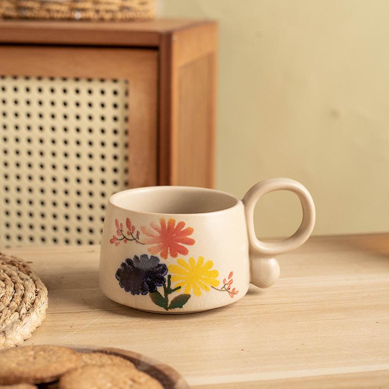 Retro Flower Coffee Cup Breakfast Oat Milk Cup Creative Ceramic Mug Chinese Home Office Afternoon Tea Cup Beverage Gifts